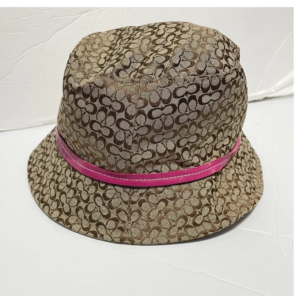 Vtg Coach Women Kids Girls Signature Monogram Bucket Hat Pink Trim Logo‎ Sz S/M